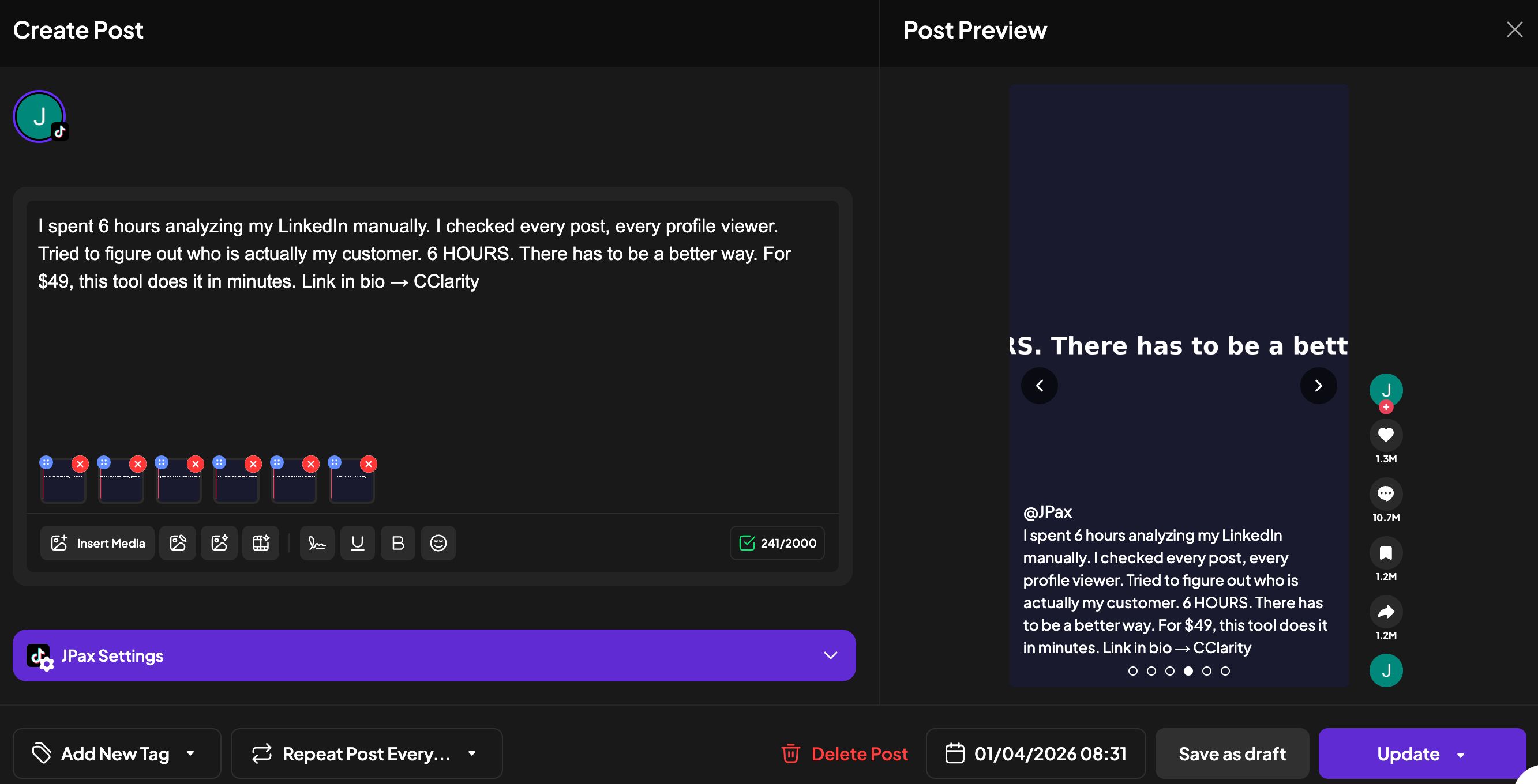 OpenClaw creating a post in Postiz editor